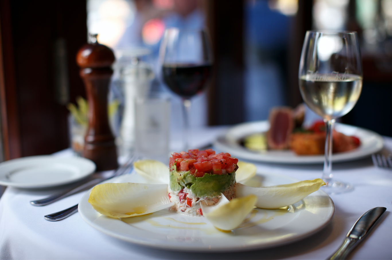 Seafood appetizer and white wine at Atlantic Fish Company