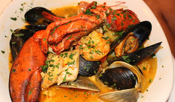 mixed seafood platter with clams, mussels, shrimp, and lobster