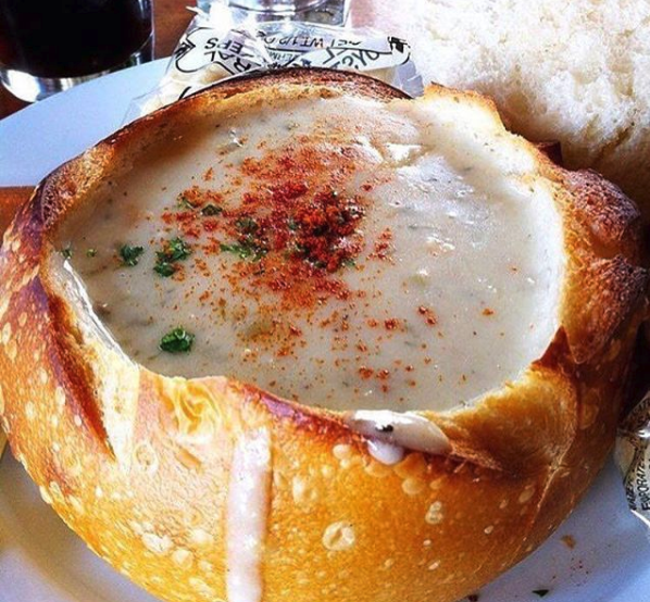seafood chowder in bread bowl