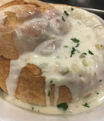 clam chowder in bread bowl